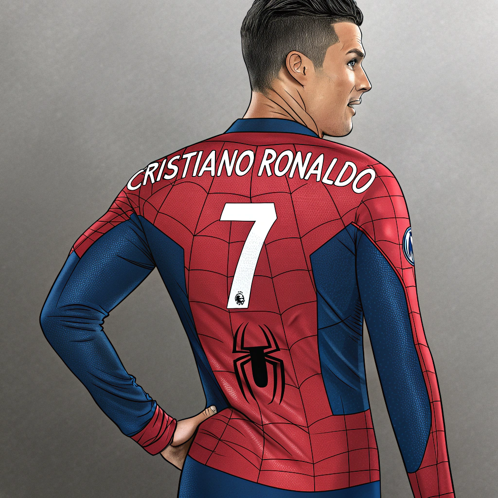 AI generated image by Red Panda AI: Cristiano Ronaldo, con su icónico número 7 en el pecho, viste el traje de Spider-Man. El traje rojo y azul se ajusta perfectamente a su musculoso cuerpo, con la araña negra en el pecho
