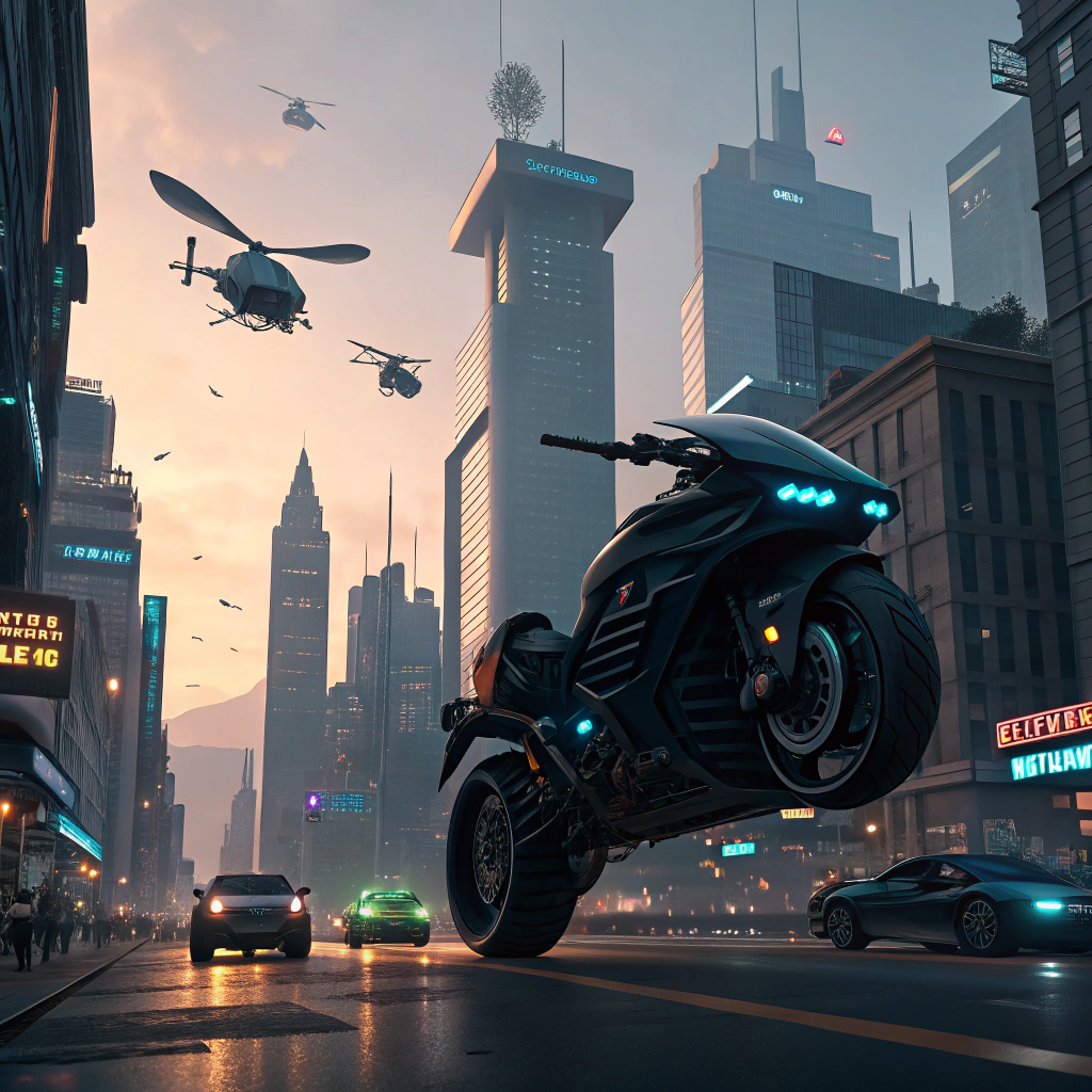 AI generated image by Red Panda AI: Una moto negra voladora en un paisaje urbano futurista 