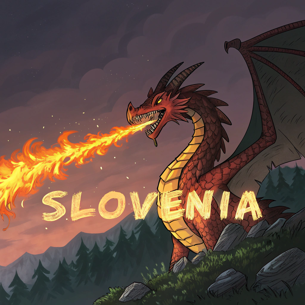 AI generated image by Red Panda AI: A fire breathing dragon that spells Slovenia with its tail