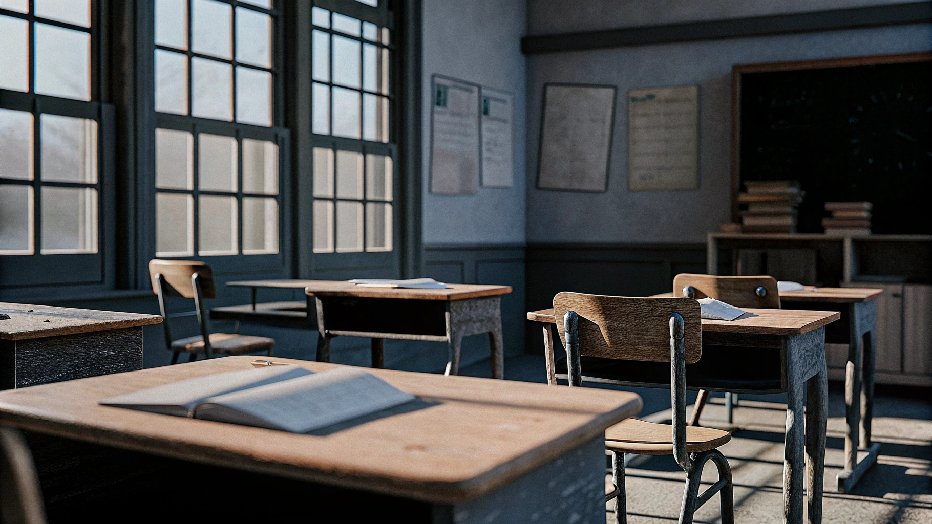 AI generated image by Red Panda AI: A warm and inviting classroom interior, styled in a way that evokes nostalgia and connection. The room is softly lit with natural light streaming through large windows, creating a golden glow that enhances the intimate and welcoming atmosphere. Wooden desks and chairs are arranged neatly, with subtle details like open notebooks, scattered pencils, and a chalkboard featuring handwritten notes. The walls are adorned with bookshelves and posters, adding character and a sense of history. The setting feels alive yet serene, exuding a storytelling essence in the style of Annie Leibovitz, where every element is carefully framed to evoke warmth, familiarity, and the timeless charm of a place where ideas and creativity flourish.