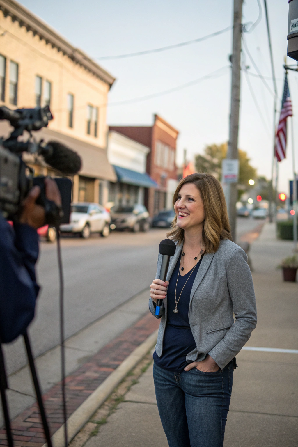 AI generated image by Red Panda AI: A candid photojournalistic portrait of a midwestern female news reporter in her early 30s, average looking, not super attractive, candid natural smile, minimal makeup, shoulder-length light brown hair, casual business attire, standing in a small-town newsroom, natural lighting, Canon 5D mark IV style, photojournalism, documentary photography, not posed, natural and in conversation