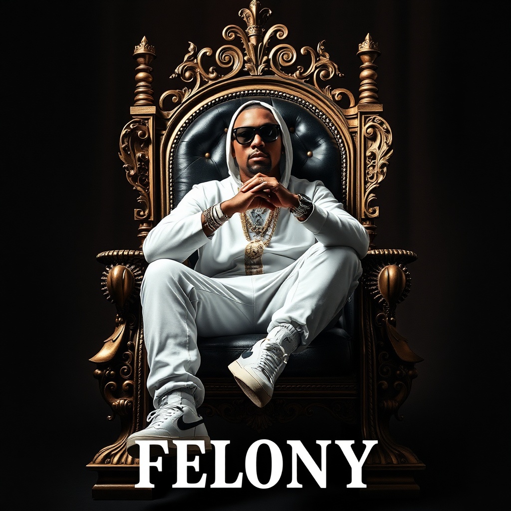 AI generated image by FLUX.1-schnell: White guy rapper sitting on throne with "FELONY" caption below the picture