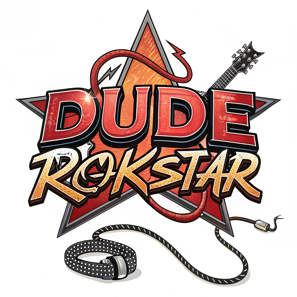 AI generated image by Red Panda AI: "Dude Rokkstar" logo in the font of a 1980s heavy metal band logo, on white background