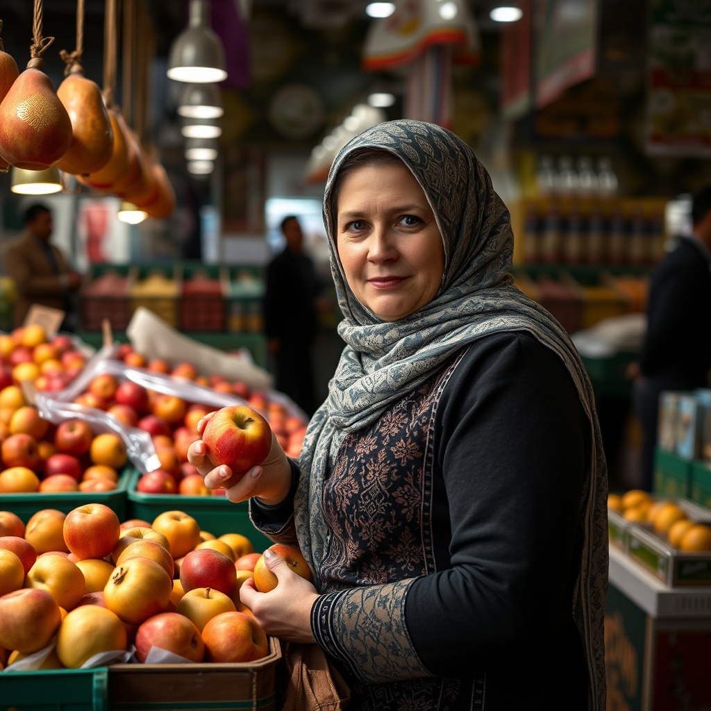 AI generated image by FLUX.1-schnell: Generate an Uzbek woman behind the counter at the Chorsu market in Tashkent holding an apple in her hands