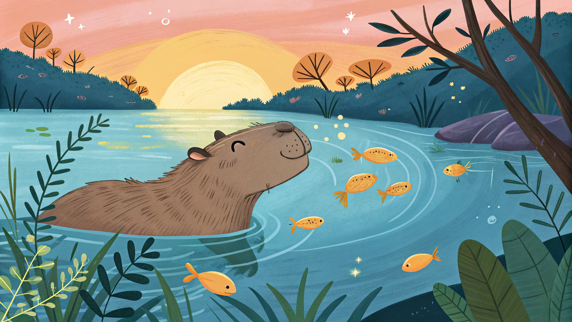 AI generated image by Red Panda AI: Capibara nadando con estilo
Un capibara nadando en un río cristalino al atardecer, con un movimiento elegante y relajado, rodeado de vegetación exuberante y peces pequeños que saltan a su alrededor.
la imagen debe ser un dibujo para un canal de youtube infantil y los personajes deben expresar alegria
