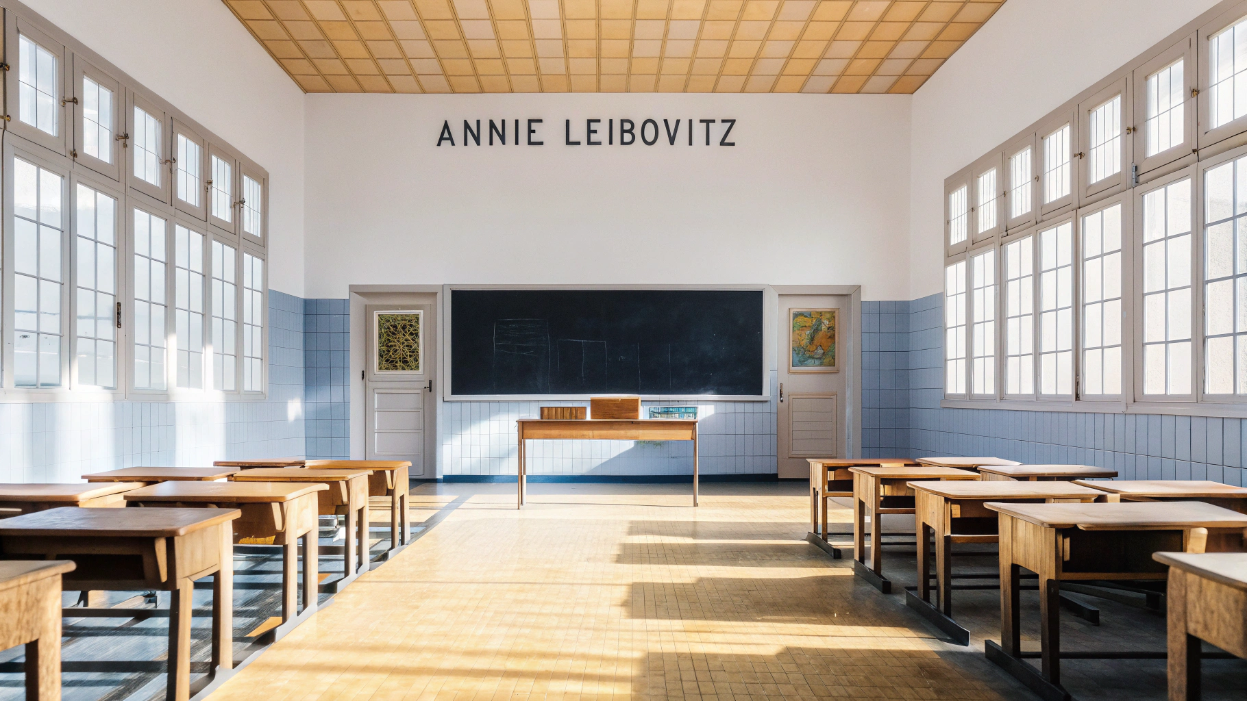 AI generated image by Red Panda AI: An open, wide-angle view of a warm and inviting Latin-style classroom interior, realistic, capturing both the floor and the ceiling in the frame. The space is bathed in soft, natural light that streams through large windows, creating a golden glow and a sense of comfort. The room features rustic wooden desks and chairs, arranged neatly but with subtle imperfections that add character. The floor is made of polished tiles, reflecting the light softly, while the ceiling shows exposed wooden beams or a textured finish typical of Latin school design. The chalkboard at the front displays handwritten notes, and the walls are decorated with colorful posters, maps, and shelves filled with books, evoking the charm and vibrancy of a Latin school. The scene is styled in the manner of Annie Leibovitz, with an emotional, storytelling focus, where every detail—from the warm tones to the cultural touches—evokes nostalgia, authenticity, and a sense of connection to education and community.