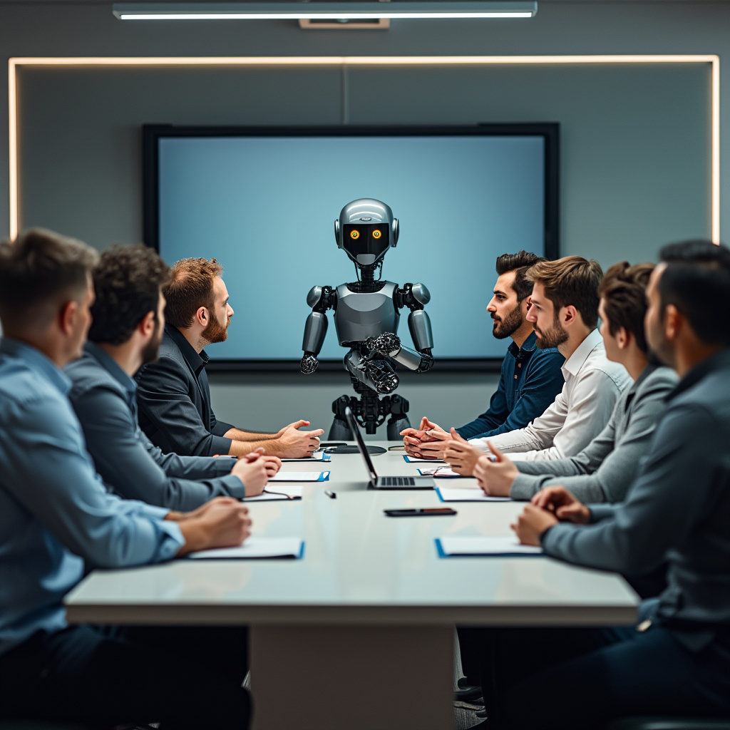 AI generated image by FLUX.1-pro: A robotics professor having his weekly meeting with his 11 male phd students in their meeting room