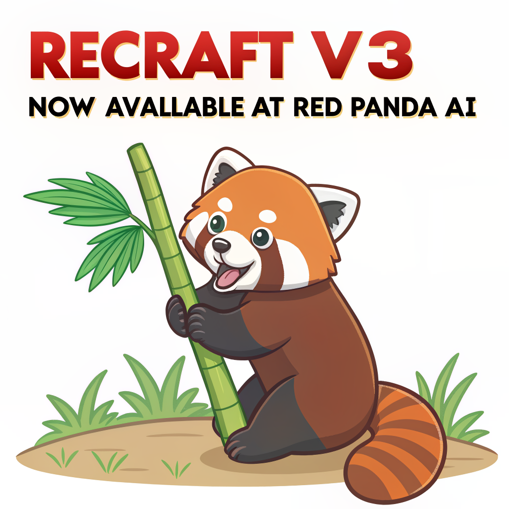 AI generated image by Red Panda AI: a red panda eating a bamboo in front of a poster that says "recraft V3 now available at red panda ai