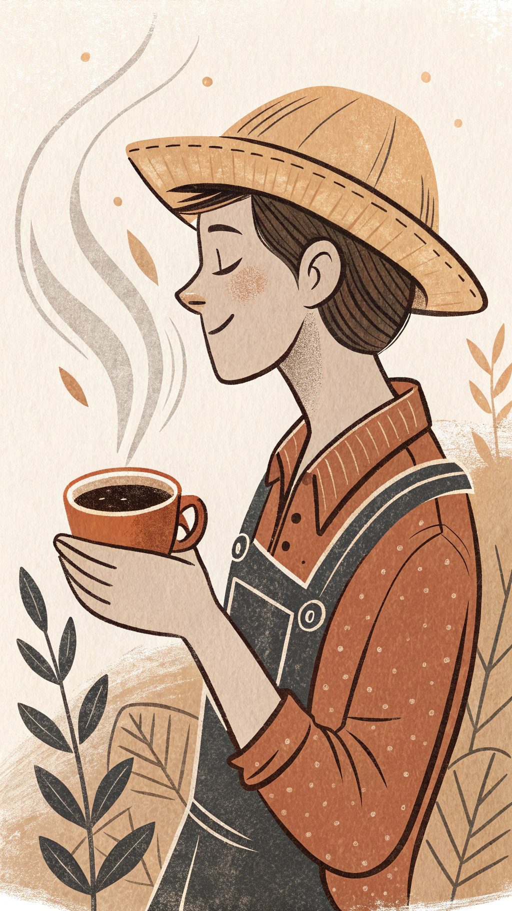 AI generated image by Red Panda AI: Persona con una taza de café, disfrutadolo, deben ser trazos sencillos, que dejen verq ue es un apersona pero sin que esté todo completo, nivel de detalle de la persona bajo, con un estilo rustico. Usar colores naranja, café, tierra. 