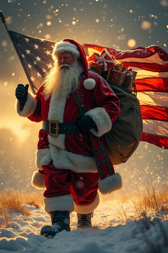 AI generated image by FLUX.1-pro: A majestic, mythical Santa Claus figure, bearing a striking resemblance to Donald Trump, confidently strides through a stormy, snowy field, his posture strong and resolute. He dons a radiant santa hat and a thick, golden-highlighted beard. A golden light, piercing through the storm clouds with a silver lining effect, illuminates the scene, casting a warm, inviting glow on the American flag he carries. The flag, large and waving, elegantly drapes most of the background. A large bag full of beautifully wrapped Christmas presents hangs over his shoulder, emanating confidence, strength, hope, a happy content proud continents and light. With one raised, powerful fist pumping in the air, he walks purposefully towards the left edge of the picture while the flag billows behind him, blowing towards the right, covering three-quarters of the background making the flag the prominent theme. The golden light highlights the flag and the yellowish highlights in the Trump Santa figure's beard, creating a spirit of Christmas in an American flag winter setting