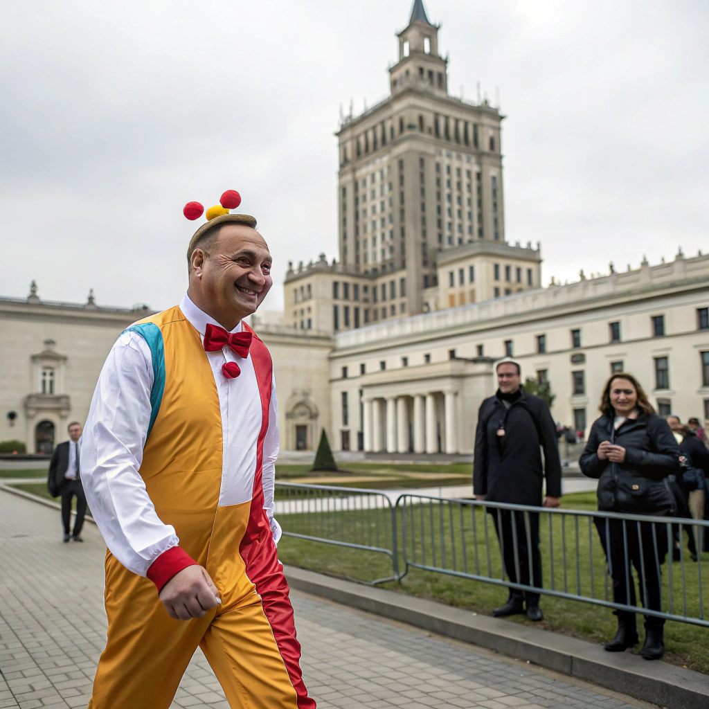 AI generated image by Red Panda AI: An image of the polish president named Andrzej Duda. roaming the streets in front of Pałac Kultury in Poland, in a clown costume.