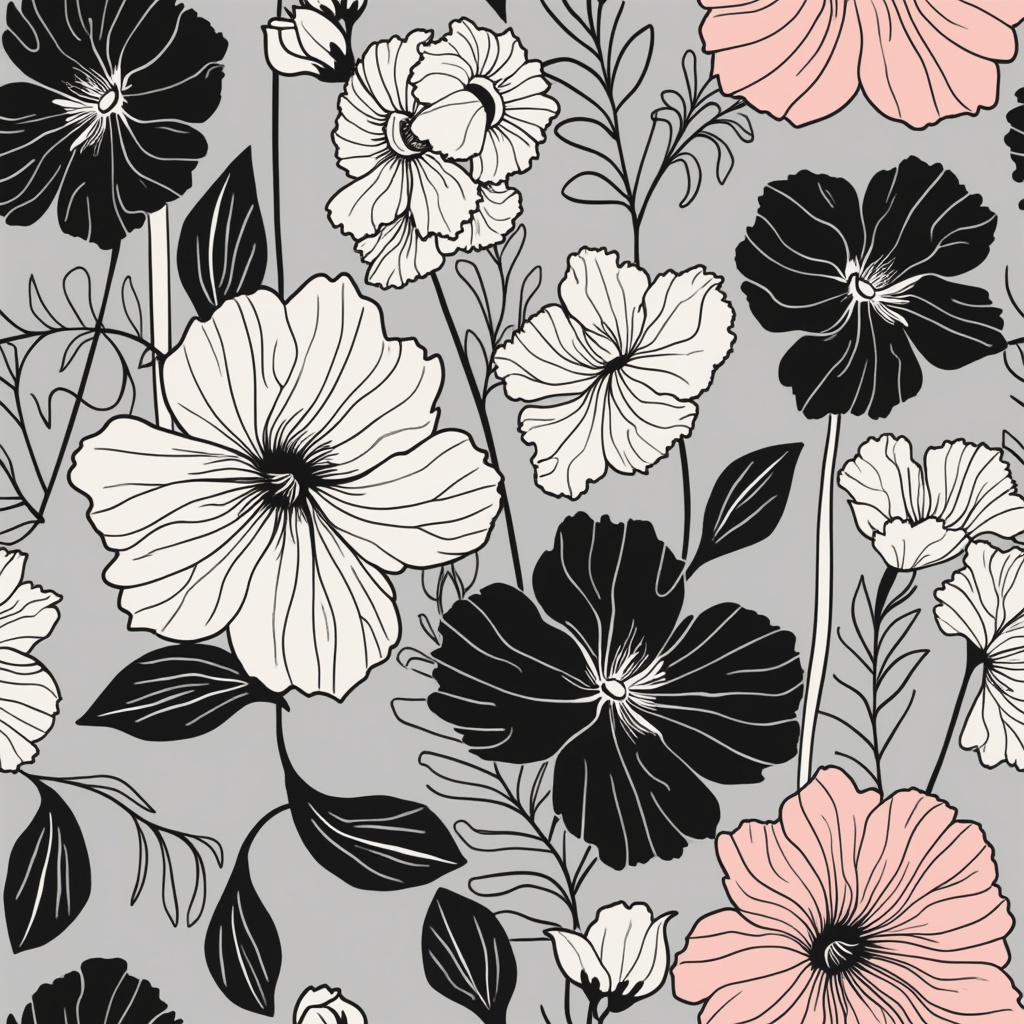 AI generated image by FLUX.1-pro: Create a floral pattern design in black with thin strokes. The background color should be gray, white and pastel pink.