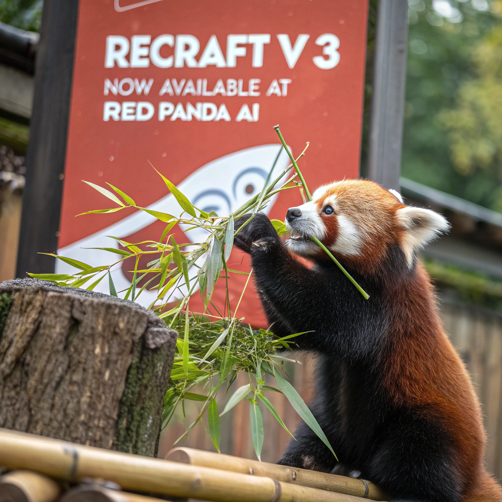 AI generated image by Red Panda AI: a red panda eating a bamboo in front of a poster that says "recraft V3 now available at red panda ai