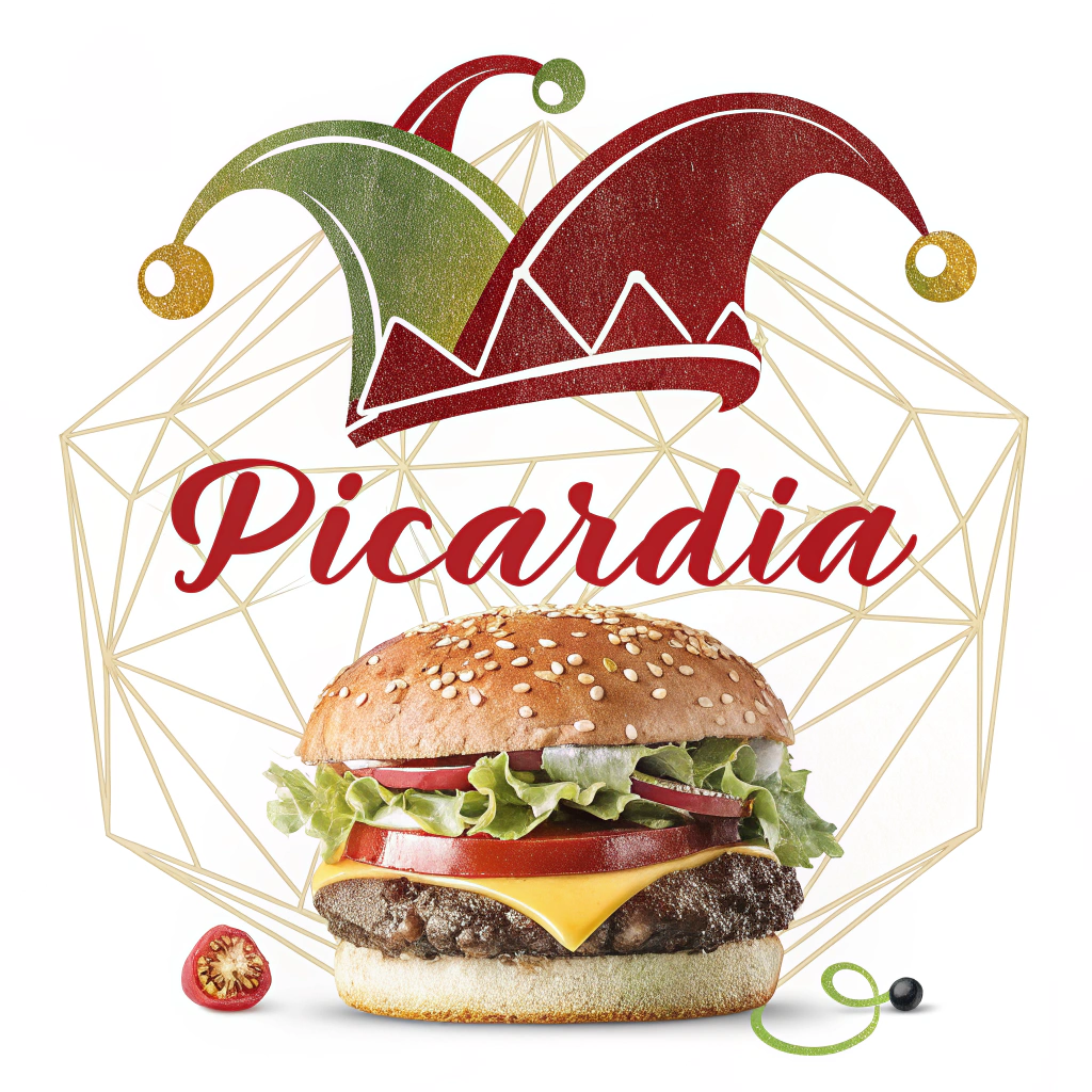 AI generated image by Red Panda AI: Minimalist modern food logo: geometric burger outline embracing bold red handwritten text 'Picardía', hidden jester hat in negative space, dynamic gold accents, flat design with organic textures, food-tech style, vibrant red (#FF4D4D), metallic gold (#FFDD00), black and neon green accents, 8k, clean lines --v 6 --style raw --ar 1: