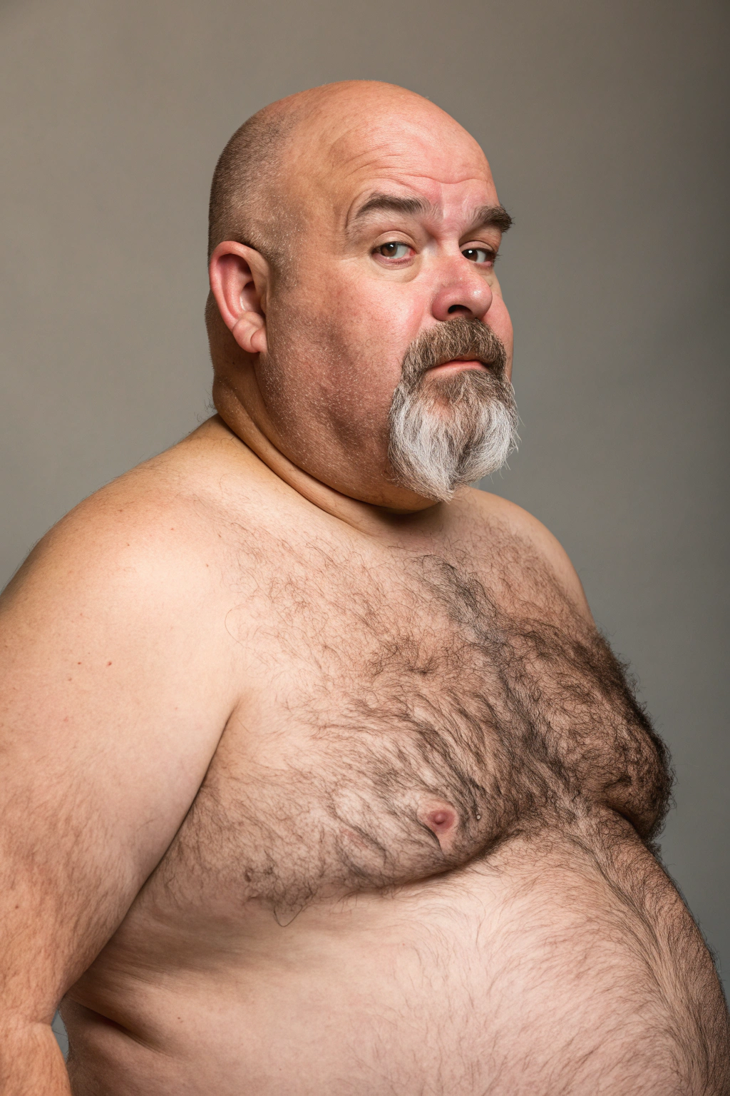 AI generated image by Red Panda AI: a studio photo of a slightly overweight 50 year old hirsute man. Man has heavy amount of body hair, hairy chest pattern, expanding his bloated heavy bearded-belly, bald head, brown and white goatee