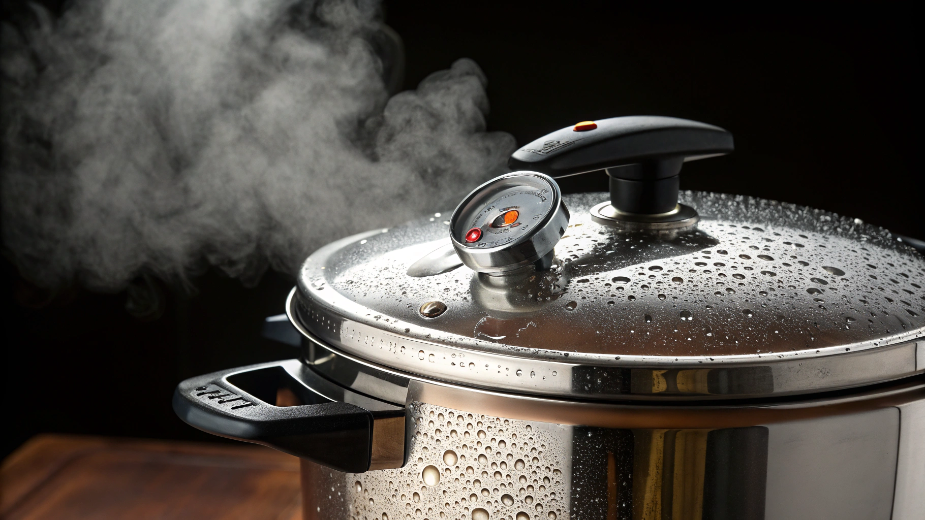 AI generated image by Red Panda AI: A close-up of a sleek, modern pressure cooker with steam just beginning to escape from the valve. The cooker gleams under dramatic lighting, with condensation forming on its polished surface. The pressure gauge is in the "orange zone" – not yet in the red, but clearly showing building pressure.