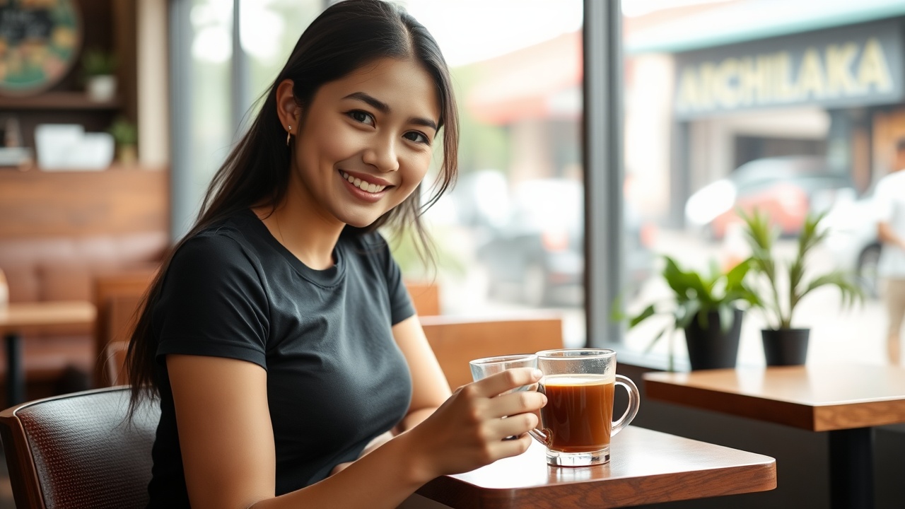 AI generated image by FLUX.1-schnell: a beautiful yogyakarta woman in a tight fitness t-shirt, full body, sitting in a cafe smiling looking at the camera while holding a clear glass cup containing brown late coffee