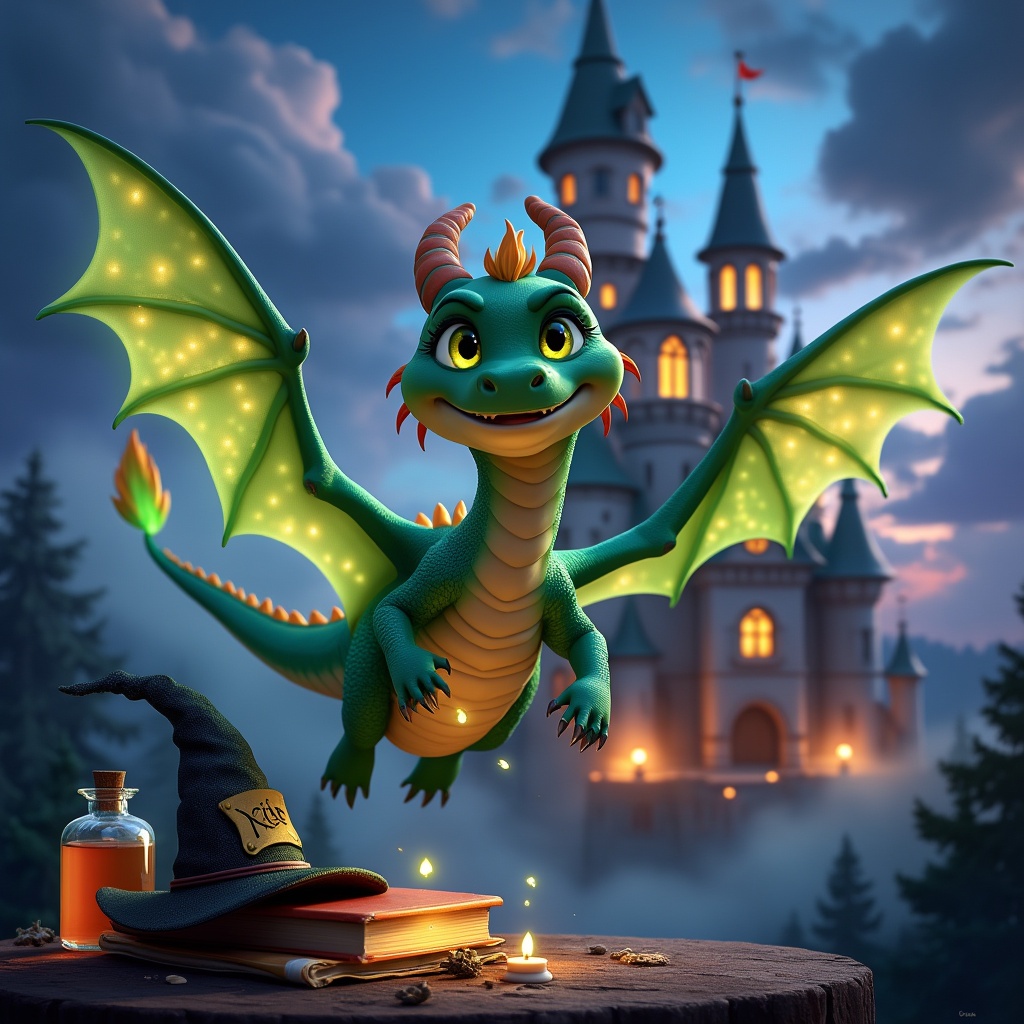 AI generated image by FLUX.1-pro: Disney Pixar style rendering of a magical and enchanted world, a cheerful green dragon illuminated by lights and sparkles flies in front of a beautiful wizard's castle at dusk with clouds, potions, books and a wizard's hat on the ground in the foreground