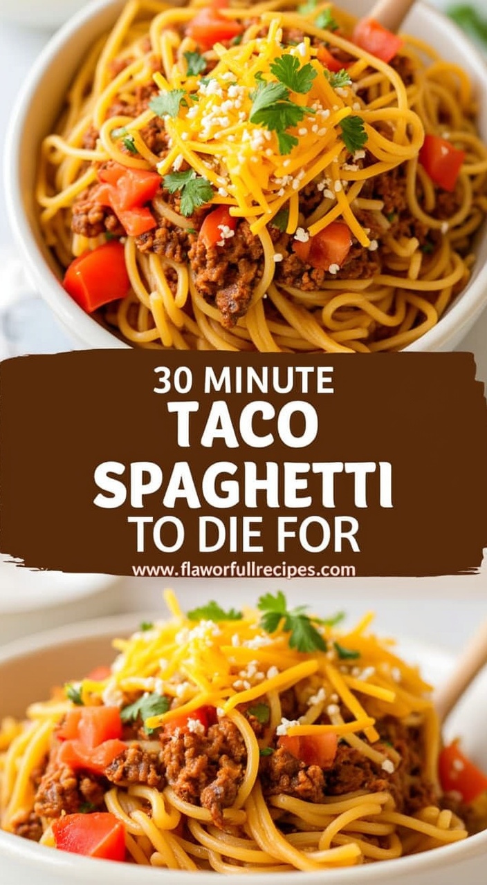 AI generated image by FLUX.1-pro: a vibrant presentation of "Taco Spaghetti" in two views: a top-down perspective and a close-up side angle, showcasing the dish's texture and ingredients in detail. The spaghetti, cooked to perfection, is entwined with a rich, taco-seasoned ground beef mixture. Bright red diced tomatoes are scattered throughout, providing bursts of color and juiciness. Melted cheddar cheese is generously layered on top, its golden hue complementing the savory appearance of the dish. Freshly chopped cilantro adds a vibrant green garnish, enhancing the dish's freshness and appeal.
The top half of the image contains a bold text overlay on a dark brown banner that reads, "30 Minute TACO SPAGHETTI TO DIE FOR" in uppercase letters, with a secondary line indicating the website, "www.flavorfullrecipes.com." The composition emphasizes the hearty, comforting appeal of the spaghetti, with a warm and inviting ambiance created by soft, natural lighting. The white bowls provide a clean, neutral contrast to the dish’s bright, rich colors, and the close-up framing accentuates the dish’s texture and layers, making it visually irresistible.