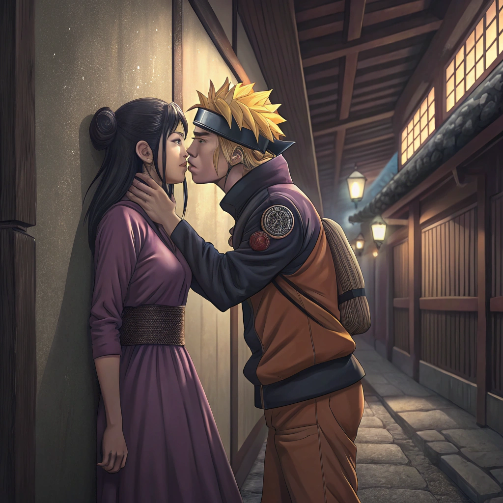 AI generated image by Red Panda AI: A scene from anime where a sly aIno yamanaka wearing a purple dress is passionately kissing naruto against a wall