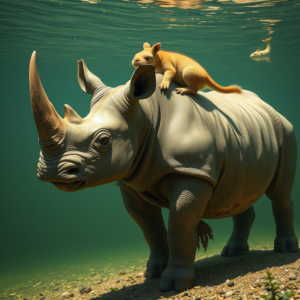 AI generated image by FLUX.1-schnell: ein Rhinozeros, das in Geldscheinen schwimmt mit einem Eichhörnchen auf dem Rücken
