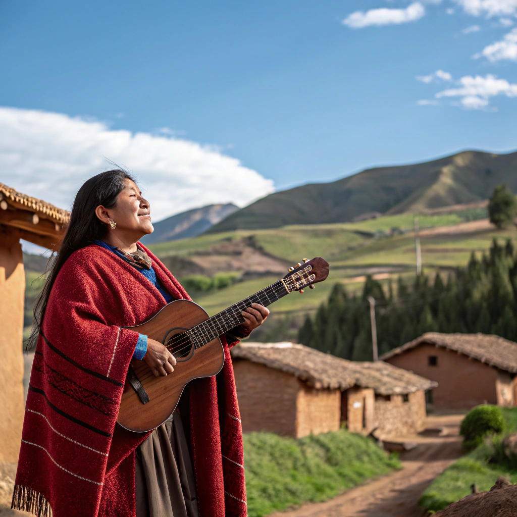 AI generated image by Red Panda AI: mujer andina en el peru, con poncho y guitarra