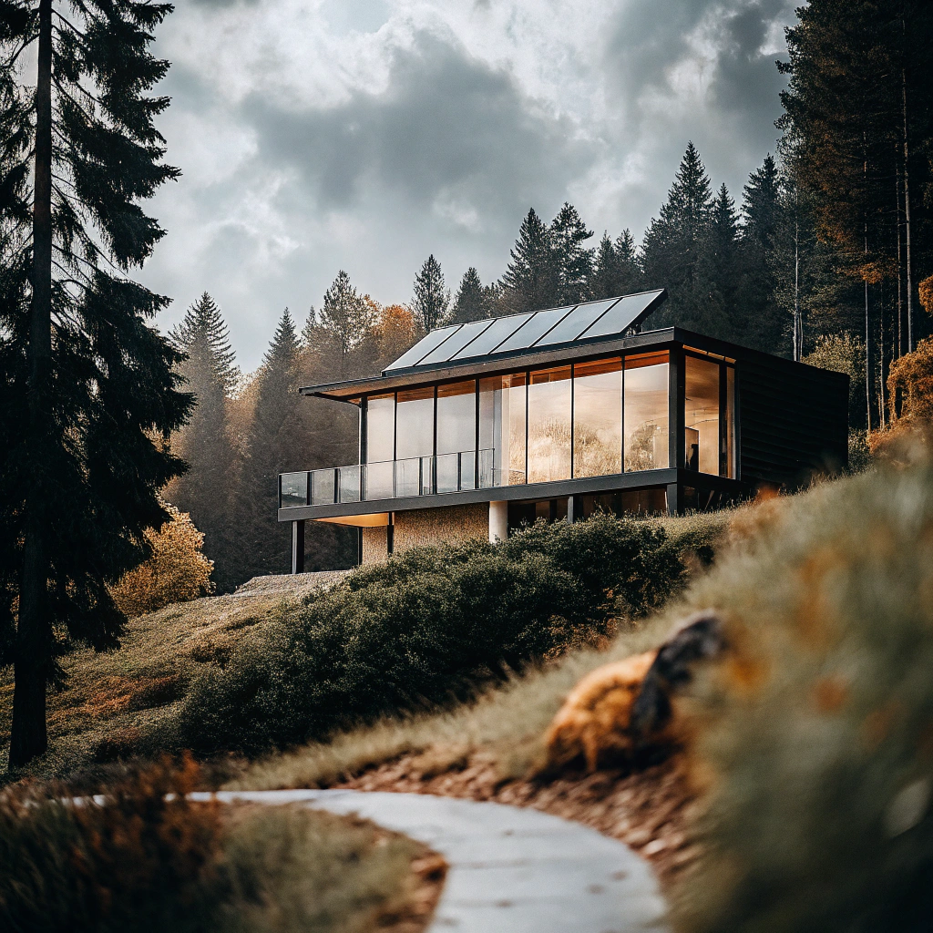 AI generated image by Red Panda AI: A futureistic home sitting on a forested mountain side.