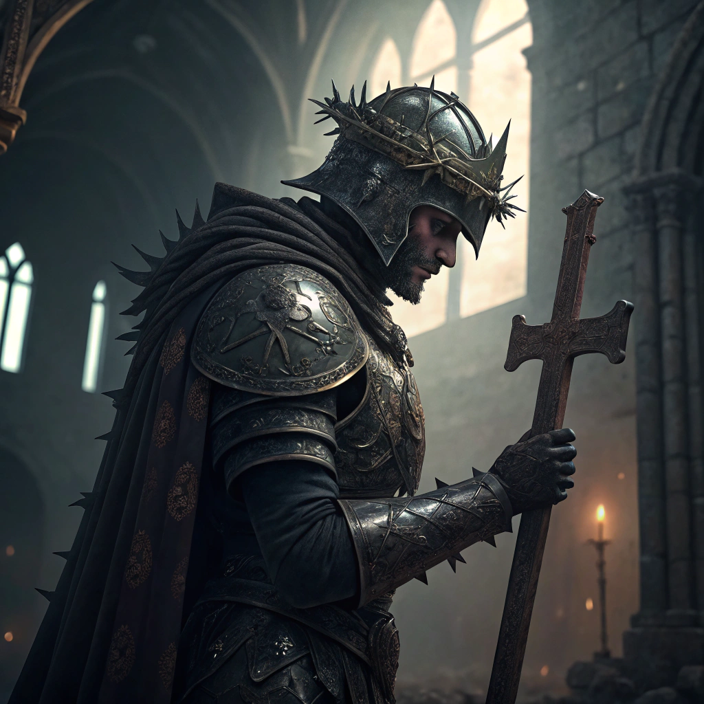 AI generated image by Red Panda AI: Gothic knight with a crown of thorns and a cross