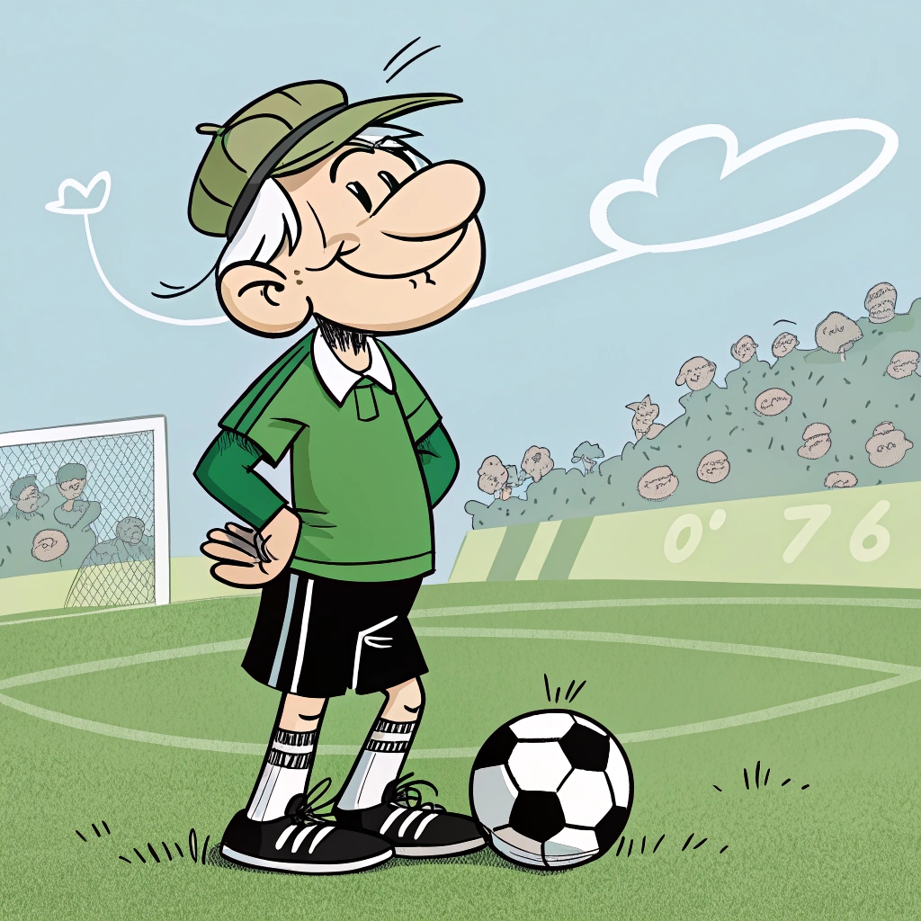 AI generated image by Red Panda AI: Funny andy capp caricature, green, soccer.