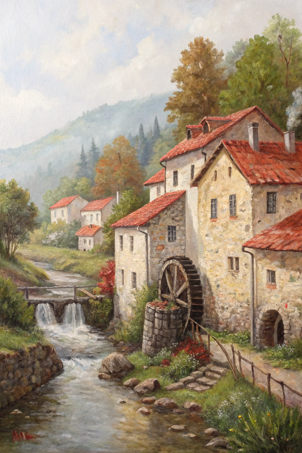 AI generated image by Red Panda AI: a loose oil painting of a european village with stoneworks and watermill ala richard schmid