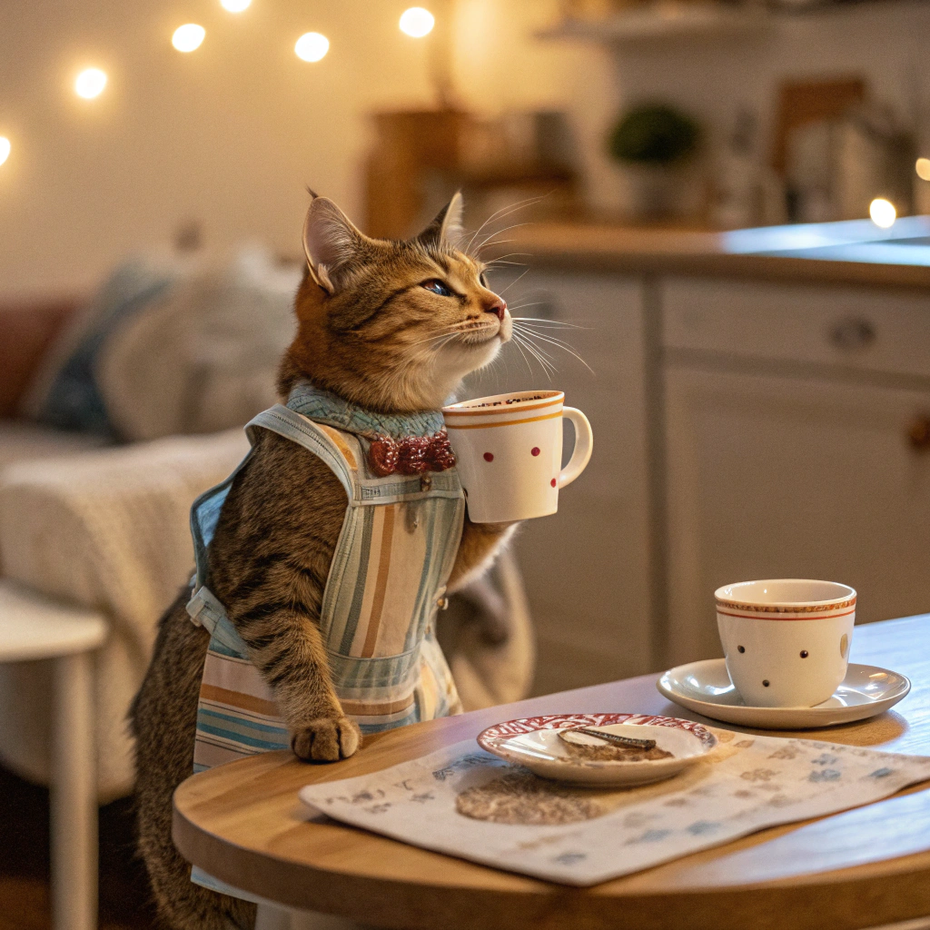AI generated image by Red Panda AI: A cat drinking coffe like a human