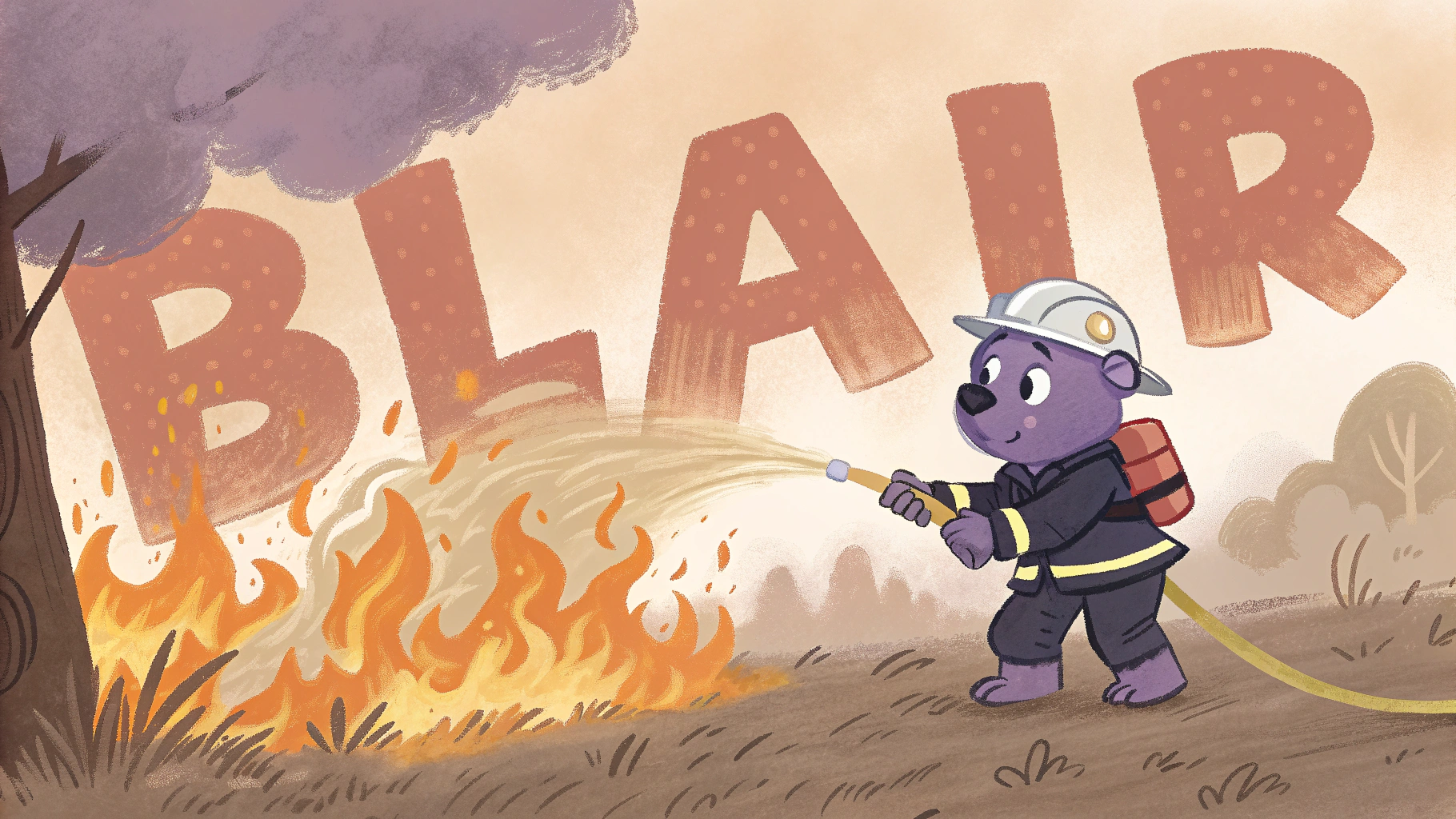 AI generated image by Red Panda AI: The word "Blair" on fire.  Clearly on fire.  The word "Blair" ablaze. Fire everywhere.  A purple bear is a firefighter who is putting out the fire.