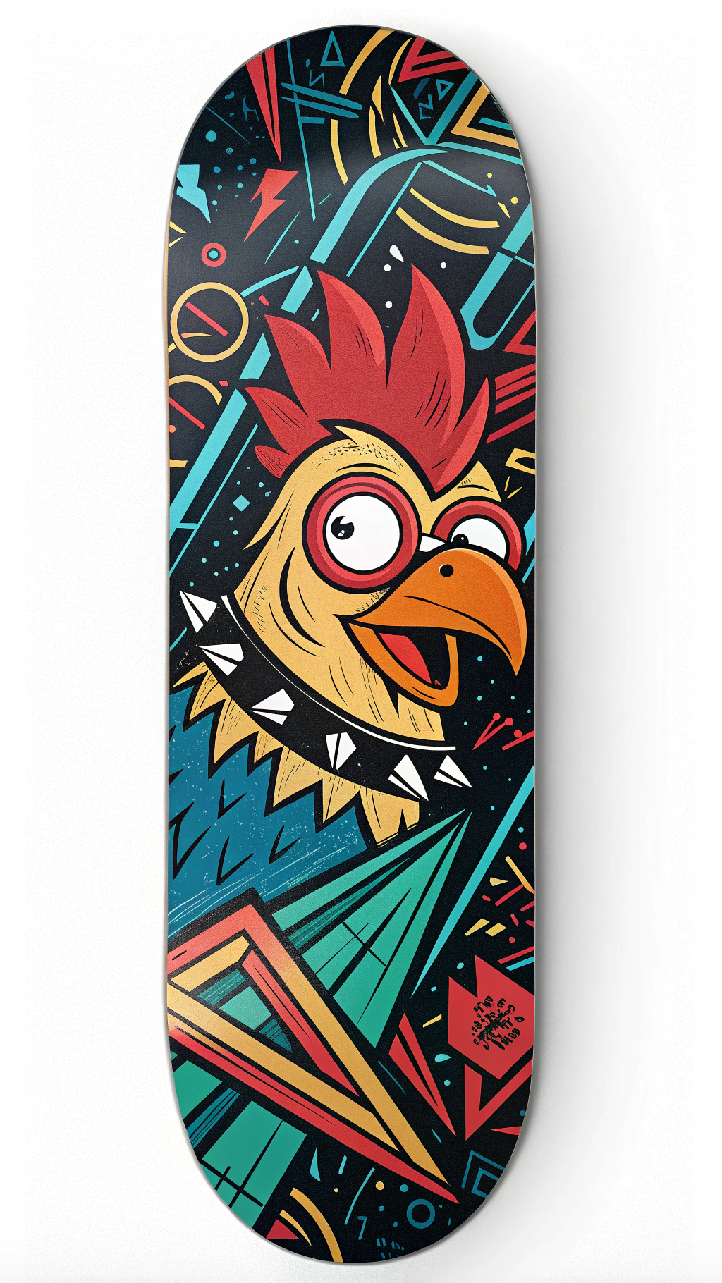 AI generated image by Red Panda AI: Create a bold, geometric skateboard deck design that merges the abstract, flowing forms of Don Pendleton with the vibrant, rebellious spirit of 1990s Birdhouse graphics. Center the image on a cartoonish, mischievous chicken character, with exaggerated expressions and edgy details like a spiked collar or helmet. Surround the chicken with overlapping geometric shapes, fluid lines, and abstract organic forms that evoke a surreal, graffiti-style background. Use a dynamic color palette—electric blues, fiery reds, neon greens, and bold oranges—to capture the vibrant, punk-inspired look of early 2000s skate culture. Include thick black outlines and chaotic, colorful swirls to create depth and a sense of energetic movement, blending clean, angular forms with playful, grungy elements. Avoid realism, focusing instead on a harmonious, layered scene that combines Pendleton's balance with the rebellious, animated aesthetic of classic skateboard art.