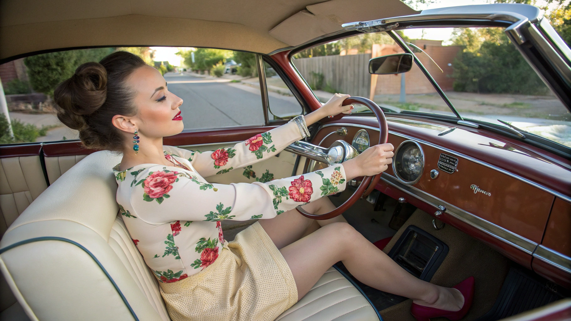AI generated image by Red Panda AI: Long shot. Full body including feet. Camera shooting from outside the passenger door of a 1940s Chevrolet convertible with the top down aiming at the driver behind the steering wheel. Beautiful petite young woman in her 30s. Platform high heel wedge mules. Long hair in a bun. Lipstick, light eye shadow. Colorful earrings. multicolor cream off-shoulder peasant blouse, 3/4 sleeve with floral pattern featuring roses. cream pencil miniskirt. Relaxed expression, slight smile, open eyes. Sitting in the driver's seat of the Chevrolet convertible with legs extended toward the pedals.