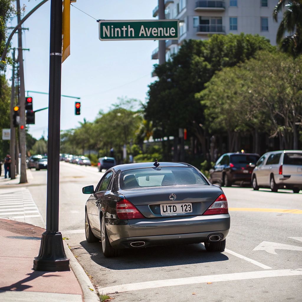 AI generated image by Red Panda AI: On a sunny day, A Mercedes-Benz is parked at an intersection. Its license plate number is "UTD 123". Next to the intersection is a road sign that says this is Ninth Avenue.