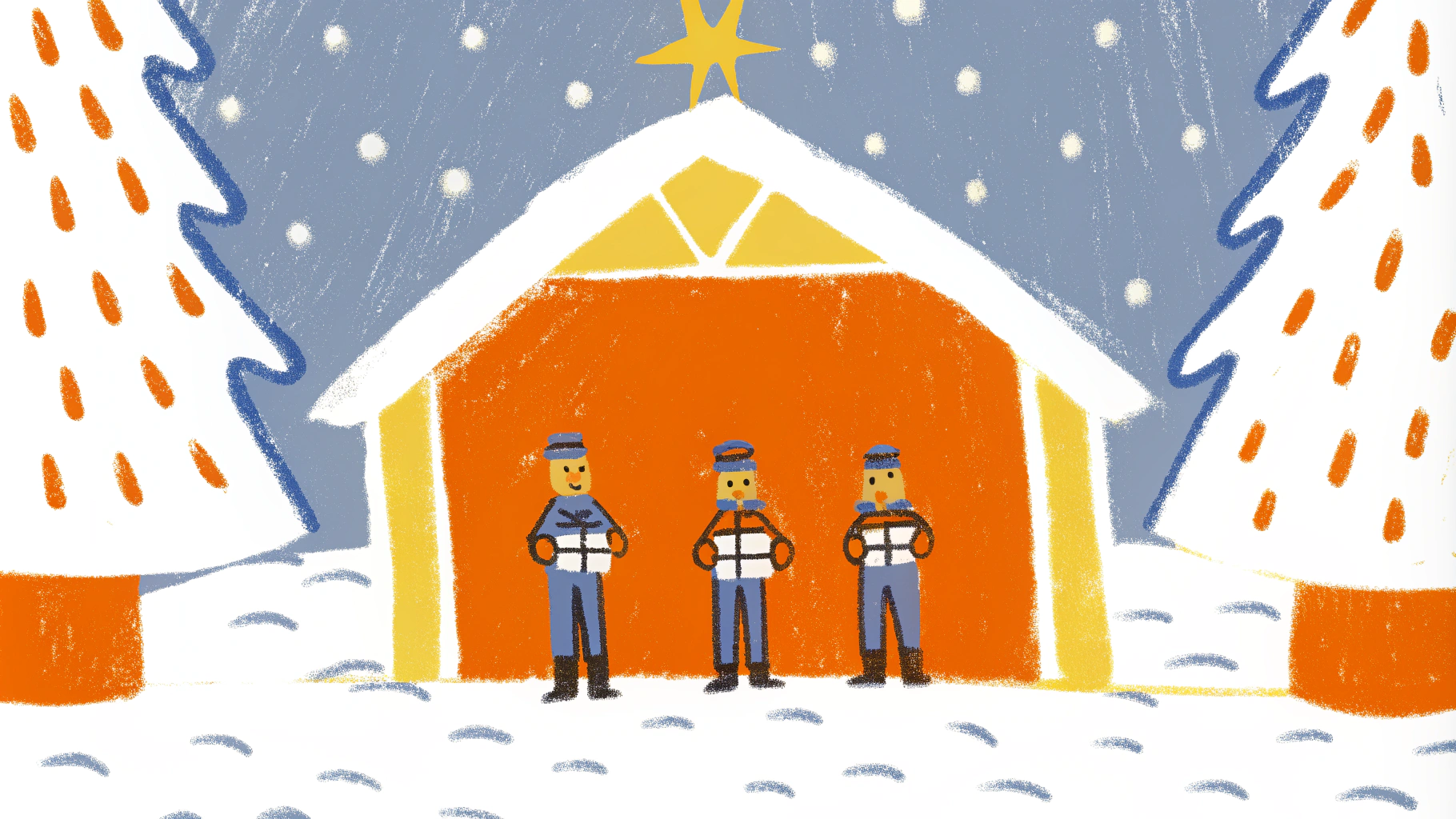 AI generated image by Red Panda AI: Dibujo de postal navideña, portal de Belén, con tres vigilantes de seguridad llevando regalos