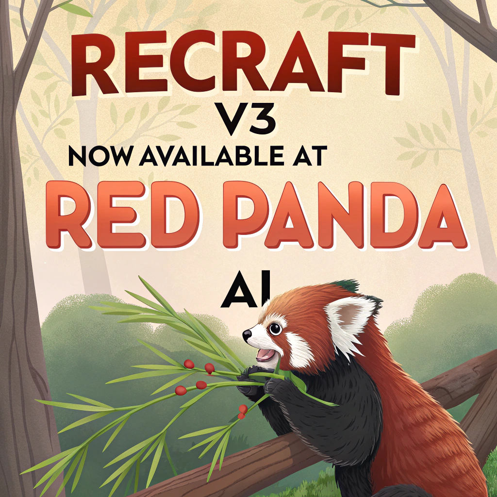 AI generated image by Red Panda AI: a red panda eating a bamboo in front of a poster that says "recraft V3 now available at red panda ai