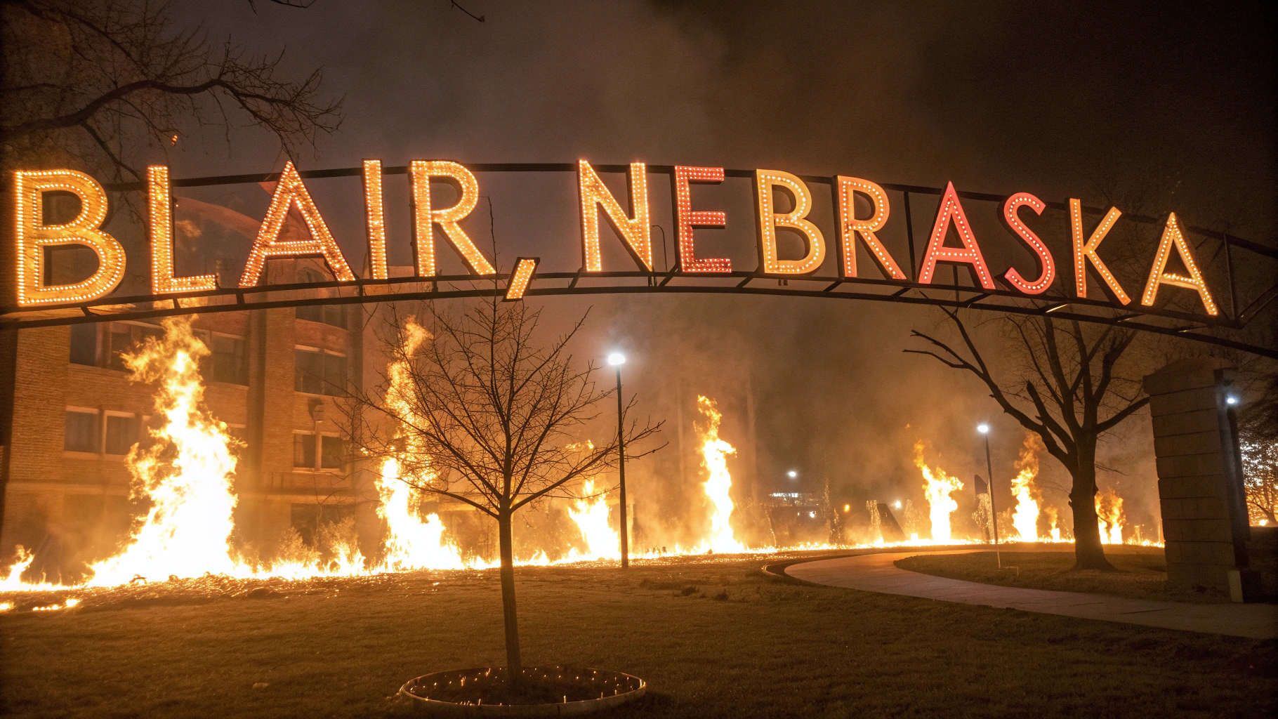 AI generated image by Red Panda AI: The words "Blair, Nebraska" on fire.  Clearing in a blaze.  The words "Blair, Nebraska" ablaze