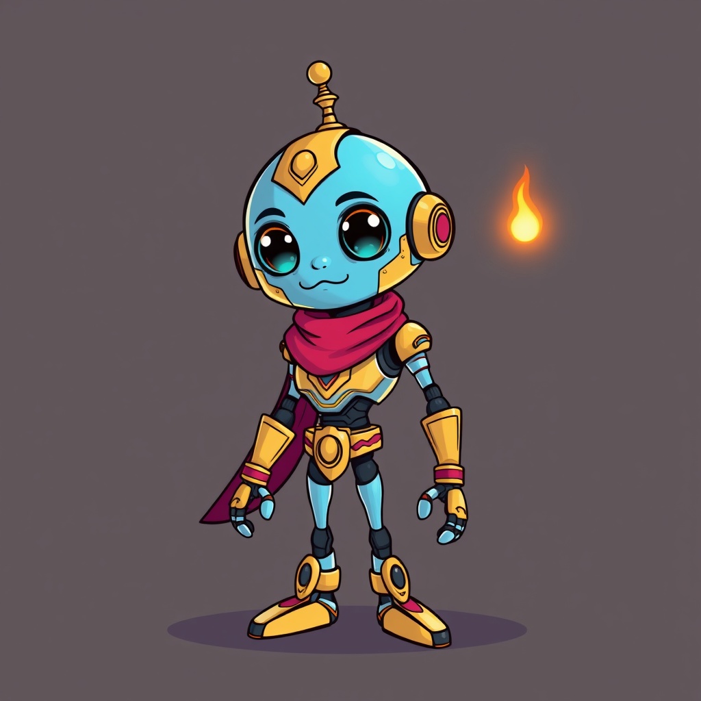 AI generated image by FLUX.1-schnell: Draw a cartoon character that looks part robot and part genie like the Alladin genie mixed with a robot. Make him look like an ai robot slash genie coming out of a genie lamp to design a website.
