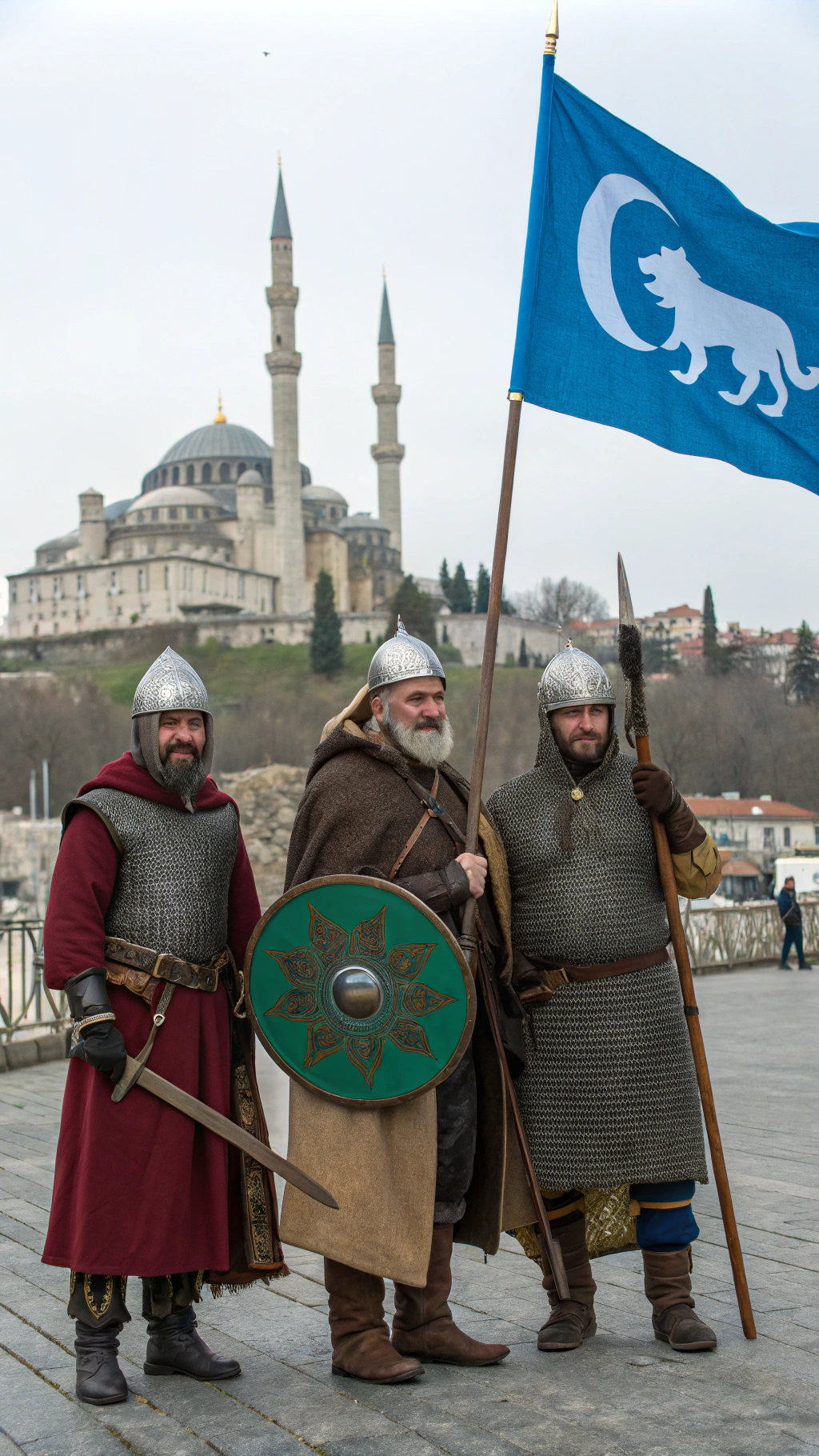 AI generated image by Red Panda AI: Draw a trio Turkish cavalier from middle ages one is white skin in the middle an other two cavaliers are little bit darker and twins like, background is Turkish city and mosque. put a flag with green wolf head and flag is background is blue