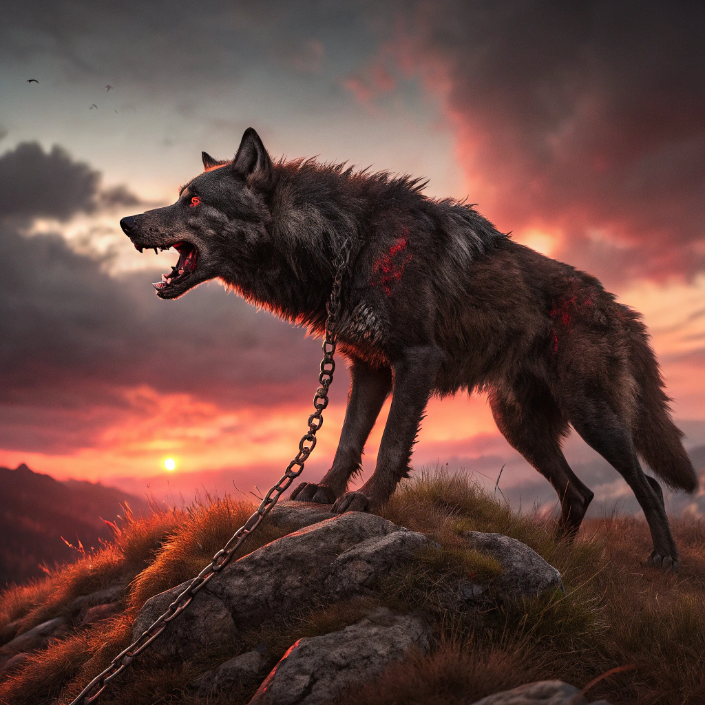 AI generated image by Red Panda AI: "A massive, battle-scarred dire wolf stands atop a crumbling cliff beneath a blood-red sunset, its fur dark and matted, streaked with scars and hints of silver. One glowing eye peers out from beneath a torn leather helm, the other hidden behind a jagged scar. A broken chain hangs loosely from its neck, hinting at a violent past and a master it chose instead of served. Its stance is low, teeth bared, muscles coiled — ready to strike for its chosen companion. The wind howls through pixelated grass, and ashes drift across the scene, lit by the dim flicker of a ruined campfire.

Rendered in a retro, 16-bit pixel art style, the scene is drenched in grainy textures, visible CRT scan lines, and soft pixel bloom that clings to glowing embers and the dire wolf’s breath in the cold night air. The style evokes the gritty tension of a forgotten SNES-era dark fantasy game — a lost companion you’d never leave behind, no matter the odds. Fierce. Loyal. Unbreakable."