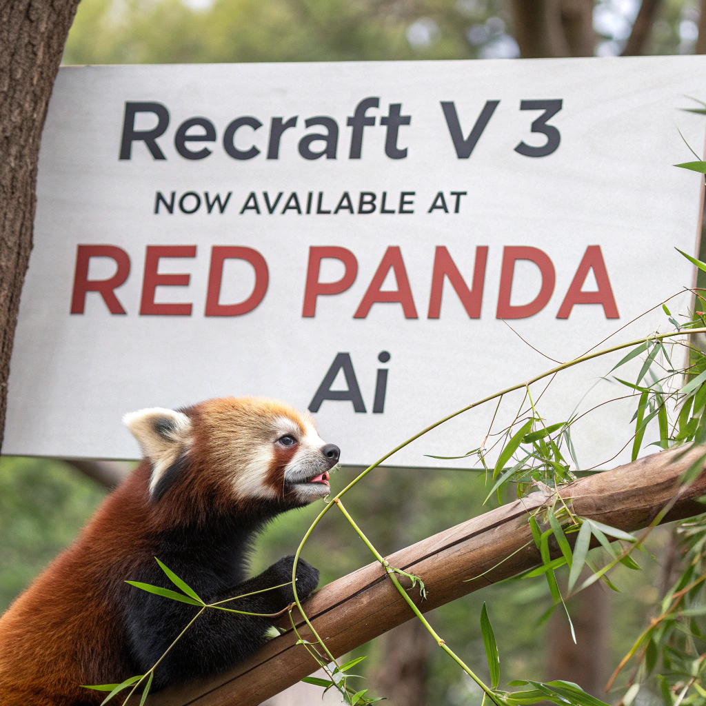 AI generated image by Red Panda AI: a red panda eating a bamboo in front of a poster that says "recraft V3 now available at red panda ai