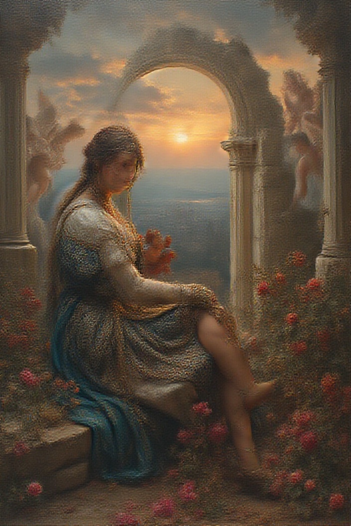 AI generated image by FLUX.1-pro: French academic painting of a woman in armour, pearls and ornate fabrics looking at the viewer surrounded by angels, sitting in a ruin with ornamental plants and flowers, in the background a landscape with a Gothic city in the distance, in a winter sunset with volumetric rays of light between the clouds. The scene is captured from a low angle at a close medium distance.