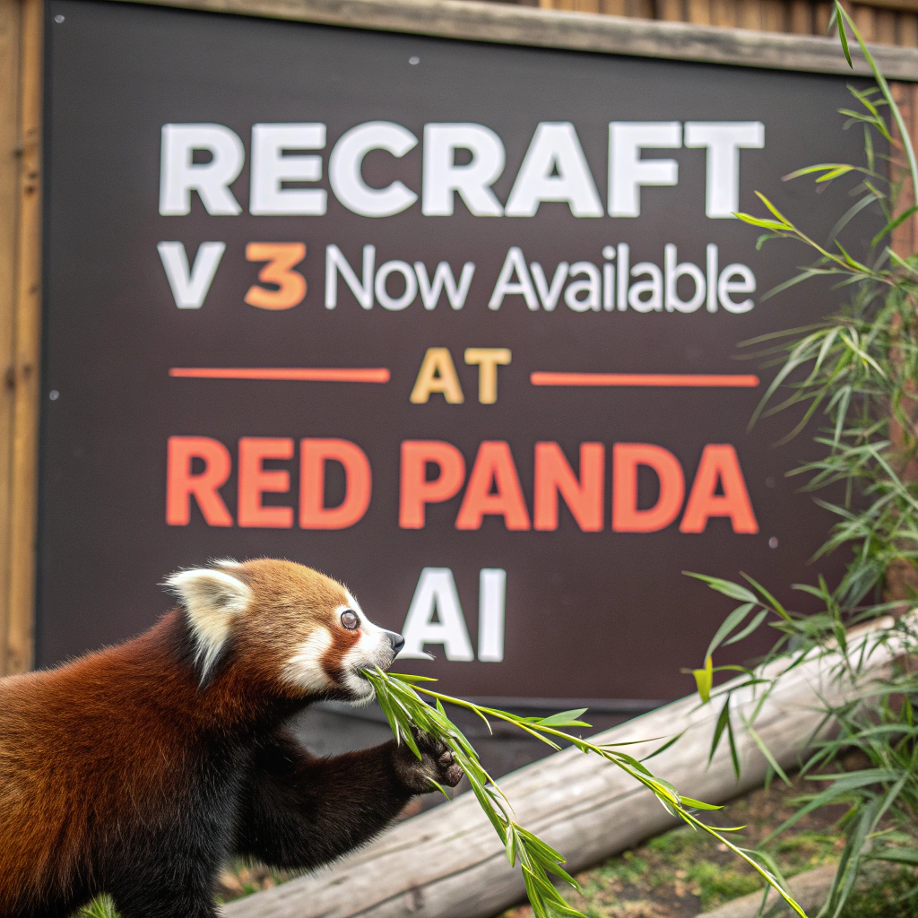 AI generated image by Red Panda AI: a red panda eating a bamboo in front of a poster that says "recraft V3 now available at red panda ai