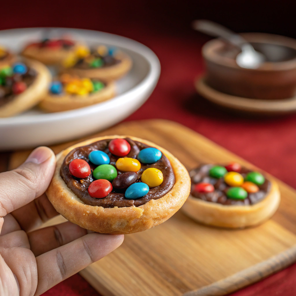 AI generated image by Red Panda AI: An over-the-shoulder shot where a hand holds a chocolate esfiha topped with MM's, positioned prominently in the foreground, with a table of additional esfirhas blurred in the background to suggest a welcoming group meal setting. The background is a warm, deep red, slightly softened to draw attention to the hand holding the esfiha. Directed lighting emphasizes the esfiha with subtle shadows for depth, and warm ambient light fills the entire scene. Captured on a Nikon D850 with a 50mm f/1.8 lens, the focus is on the vibrant colors and rich, delicious appearance of the dessert, showcasing the joyful, irresistible appeal of the chocolate filling.