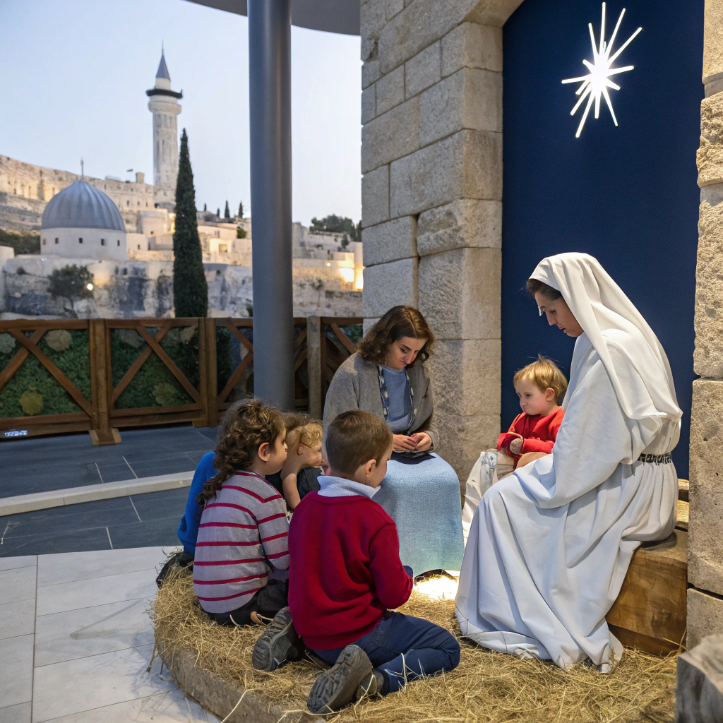 AI generated image by Red Panda AI: creates an image of Mary, Joseph and the Baby Jesus on the portal of Bethlehem with five children sitting adoring the Baby Jesus, with a modern style