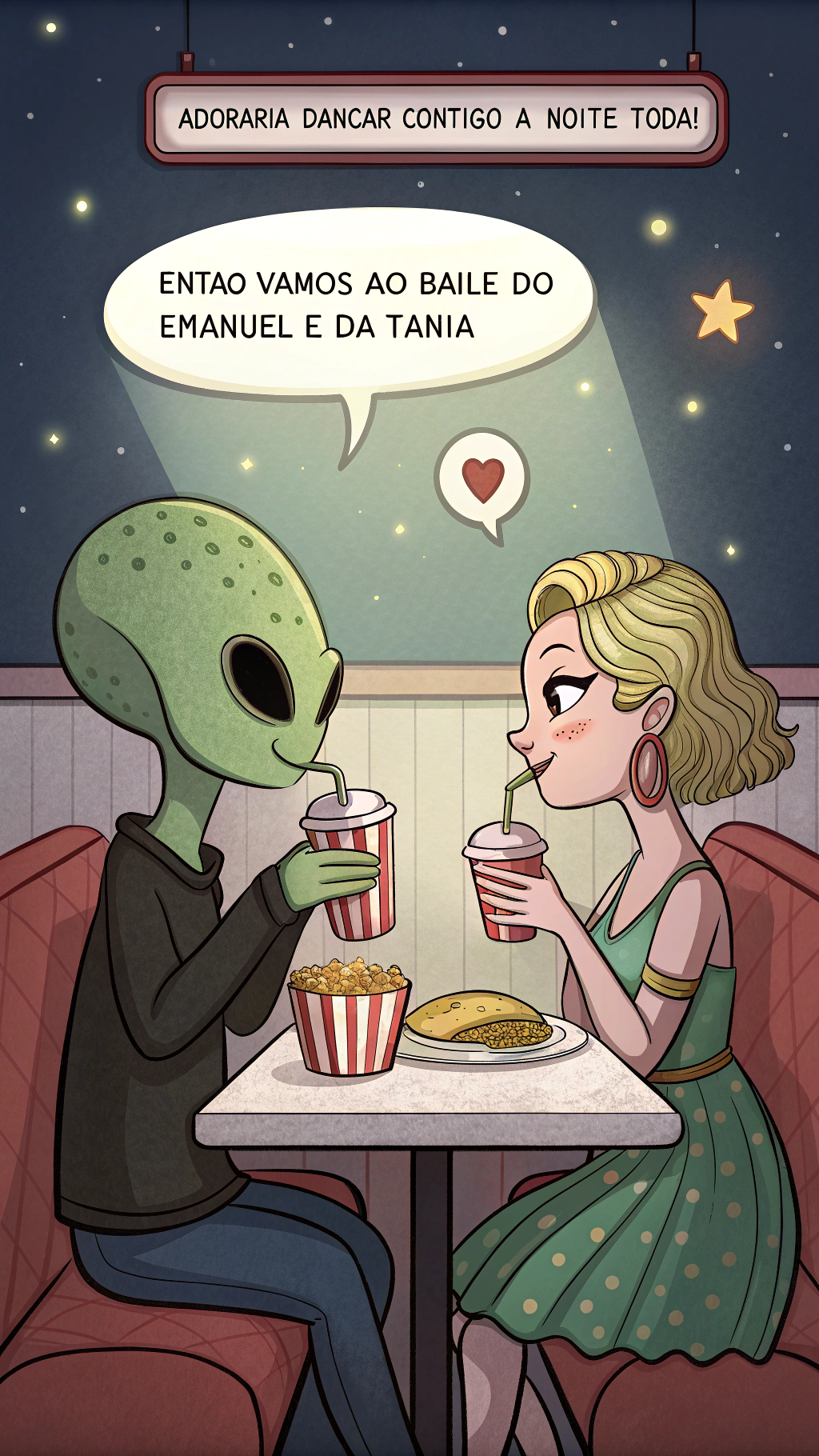 AI generated image by Red Panda AI: 1 casal de aliens (feminino e masculino) muito queridos a lanchar numa lanchonete. A Olhar um para o outro. Ambos têm 1 balão de texto branco por cima. O alien masculino diz "adorava dançar contigo a noite toda!" A alien mulher diz "então vamos ao baile do Emanuel e da Tânia" Ambiente mágico e romântico digno de poster de cinema Verifica a ortografia dos textos-balões e devem estar escrito em português