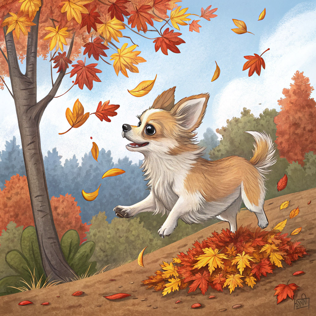 AI generated image by Red Panda AI: a merle light brown and white chihuahua jumping into a pile of autumn leaves in a fall forest