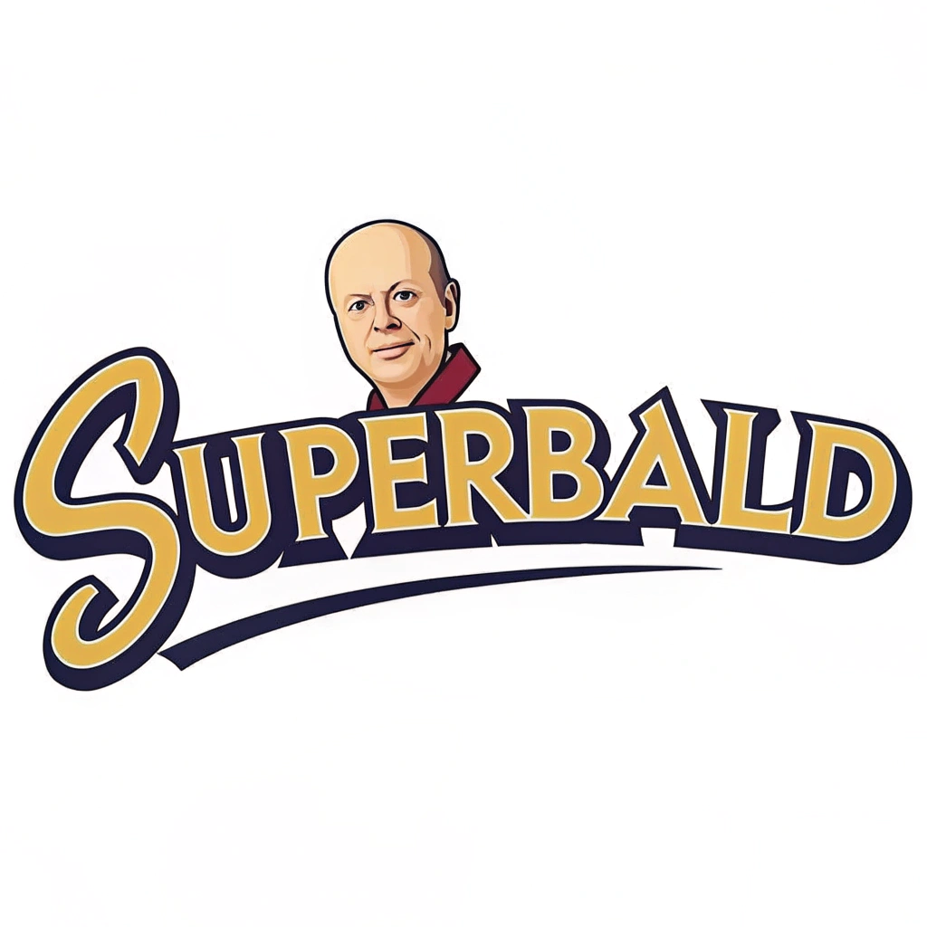 AI generated image by Red Panda AI: logo for the band, "Superbald" in the font from the movie Superbad, on white