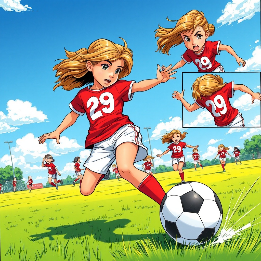 AI generated image by FLUX.1-schnell: A vibrant multi-panel comic scene in Jim Lee's dynamic style, capturing an 8-year-old girl with fair skin and sandy blonde/brown, shoulder-length hair energetically playing soccer, tackling opponents in a vivid green field under bright blue skies, wearing a bold red shirt with a white "29," white shorts, and matching red socks, showcasing action and excitement.